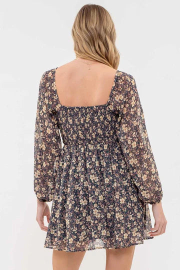 green floral long sleeve short dress