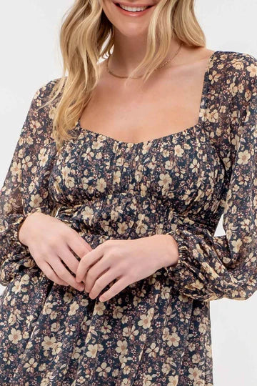 long sleeve floral fit and flare short dress