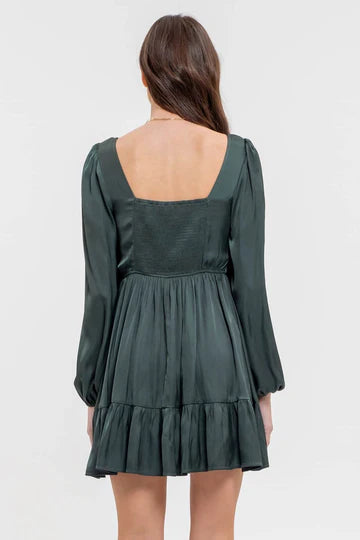 hunter green satin long sleeve dress