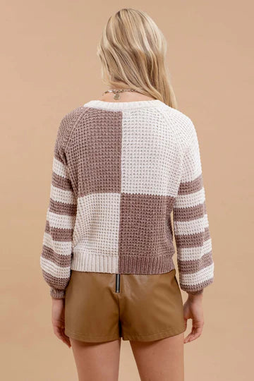 mauve and ivory striped chenille sweater