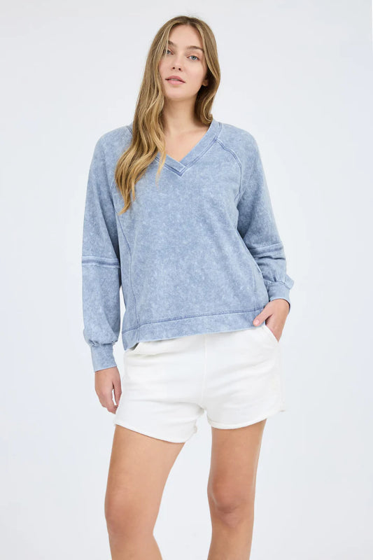 Blue Mineral Wash V Neck Long Sleeve Top