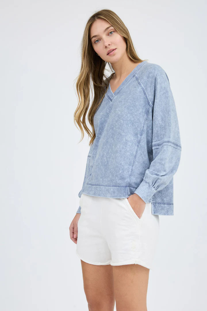 Blue Mineral Wash V Neck Long Sleeve Top