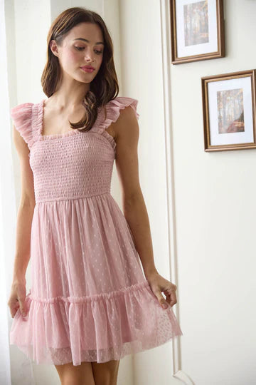 blu pepper pink chiffon ruffle fit and flare short dress