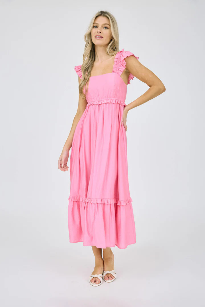 Pink Ruffle Strap Tiered Midi