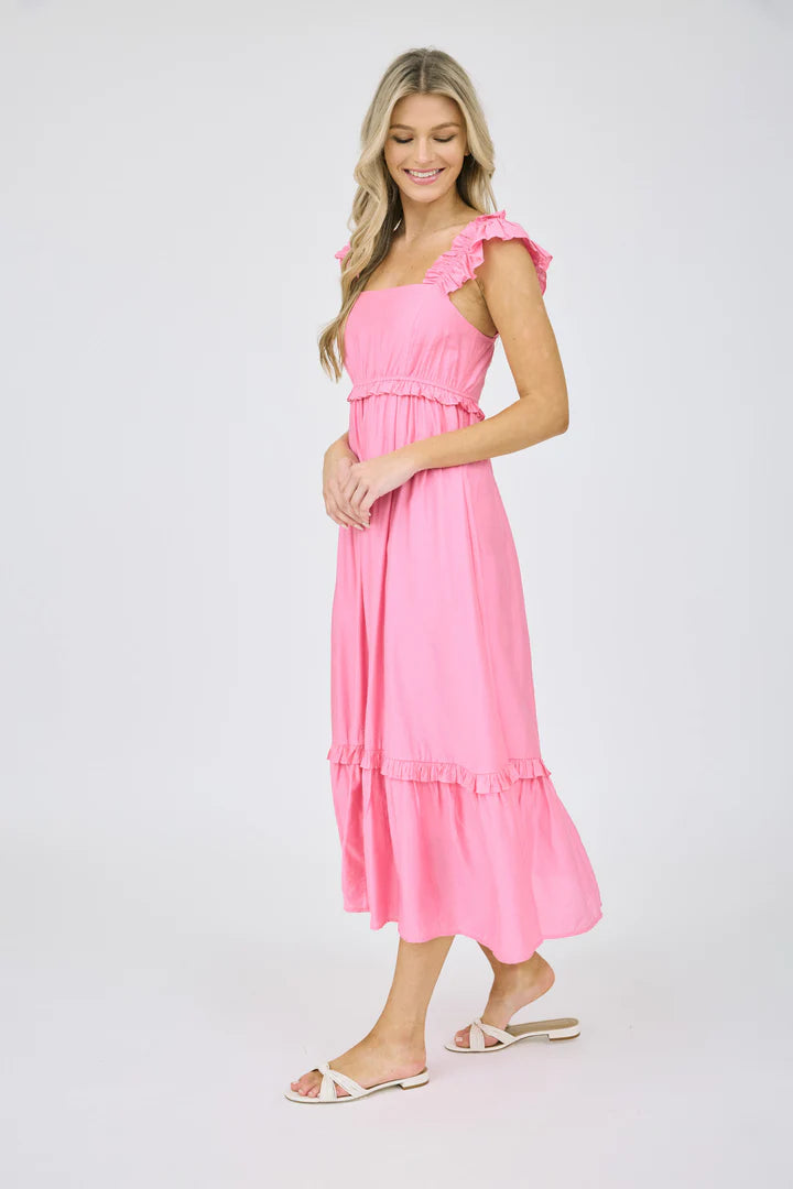 Pink Ruffle Strap Tiered Midi