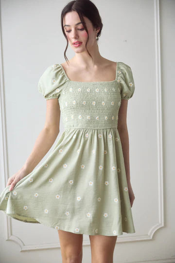 sage green floral embroidered puff sleeve short dress