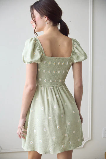sage green short sleeve floral fit and flare dress