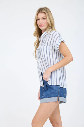 blu pepper blue and white striped short sleeve shirt