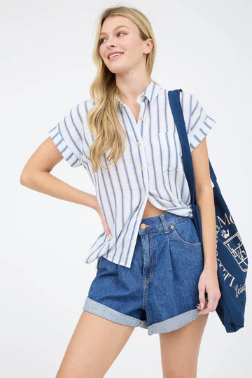 White and Blue Striped Button Up Short Sleeve Shirt