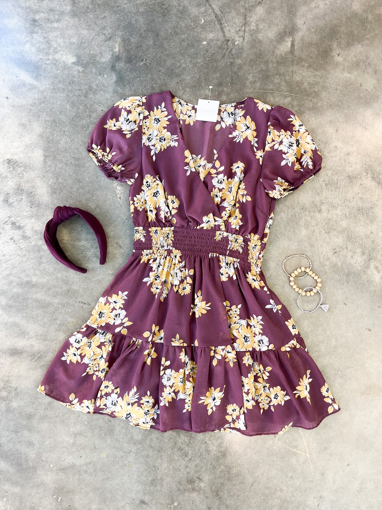 Plum Short Sleeve Floral Fit and Flare Dress