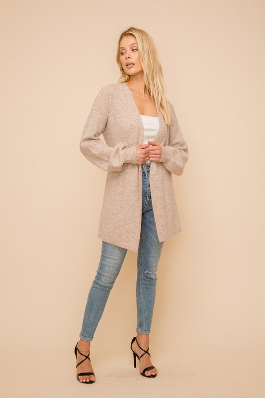 taupe belted open cardigan