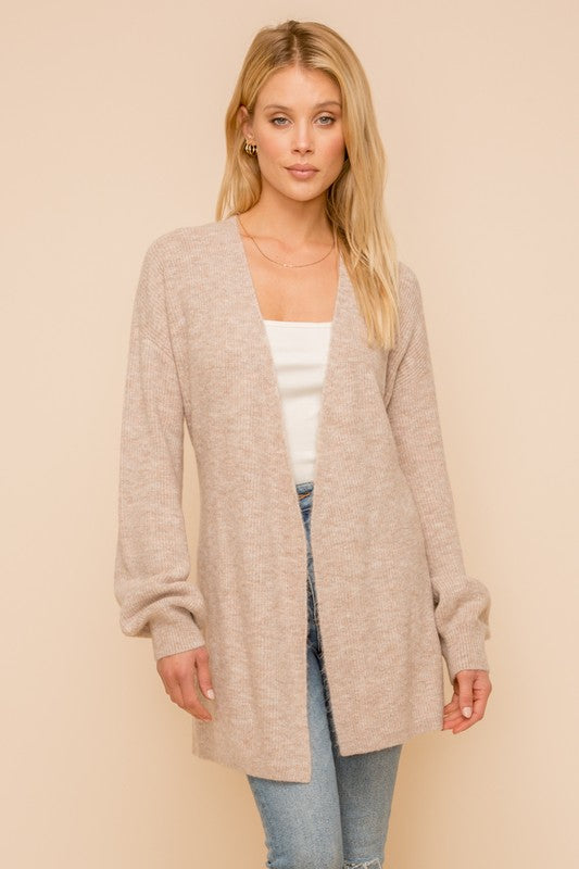 beige bubble sleeve belted cardigan