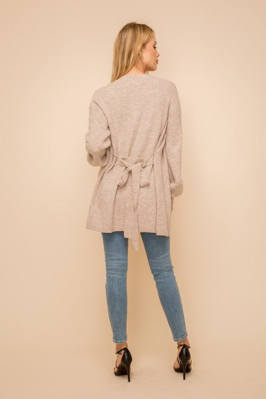 taupe belted bubble sleeve cardigan