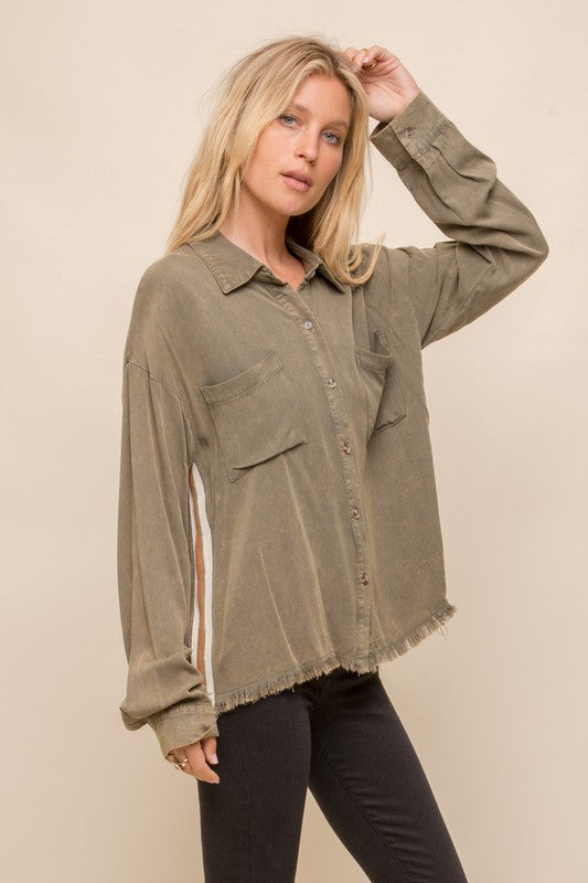 olive mineral wash button up shirt