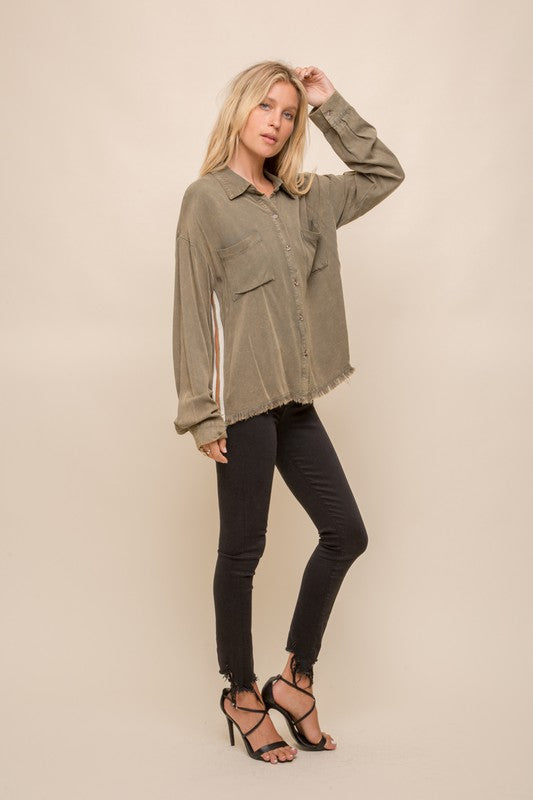 olive green vintage wash button down