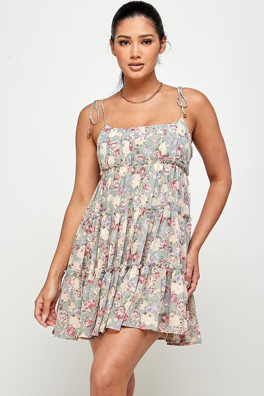 teal floral short tiered dress