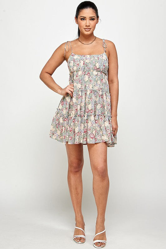 teal floral tiered mini dress