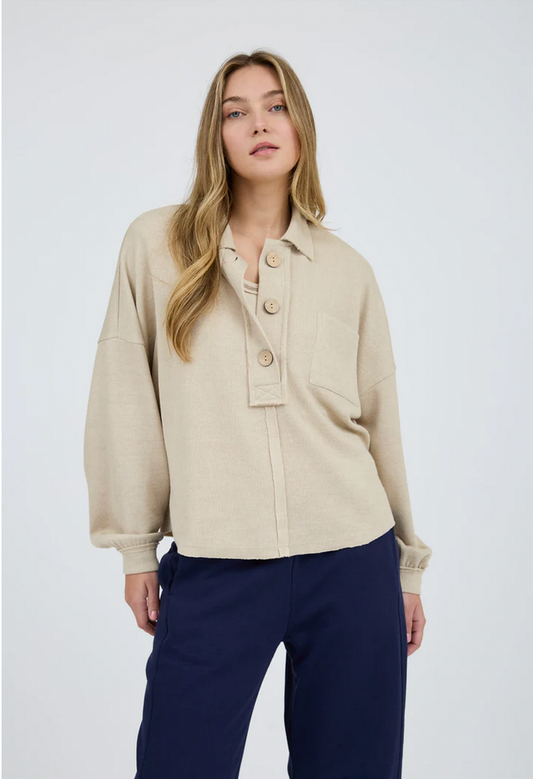 blu pepper oatmeal long sleeve ribbed button collar top