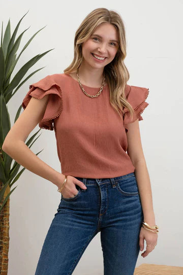 rust ruffle short sleeve top