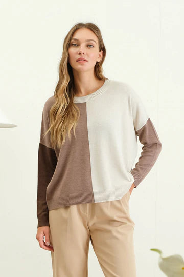 mocha brown cream color block sweater