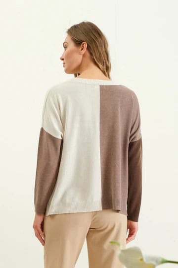 cream and brown colorblock sweater