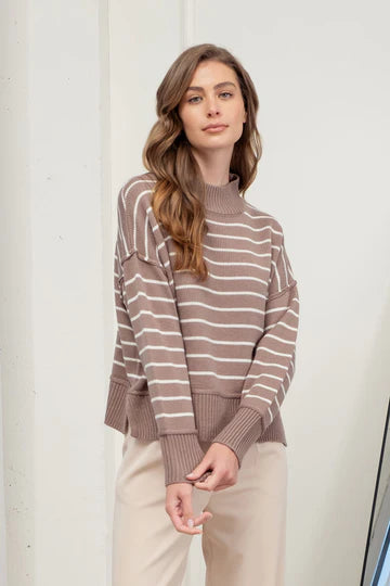 mocha striped mock neck knit sweater