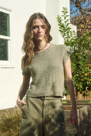 olive green short sleeve boxy knit top