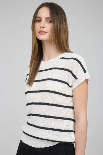 ivory and black striped short sleeve knit top
