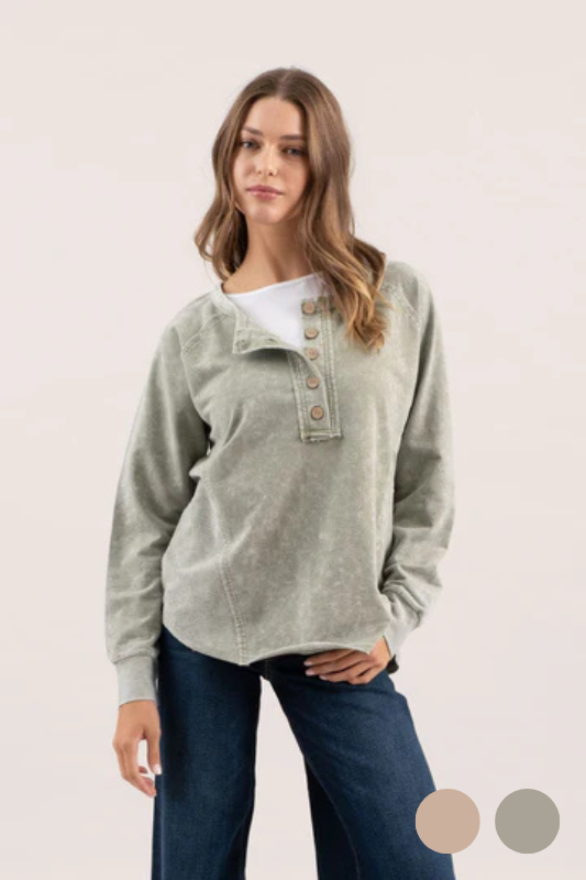 olive mineral wash button henley top