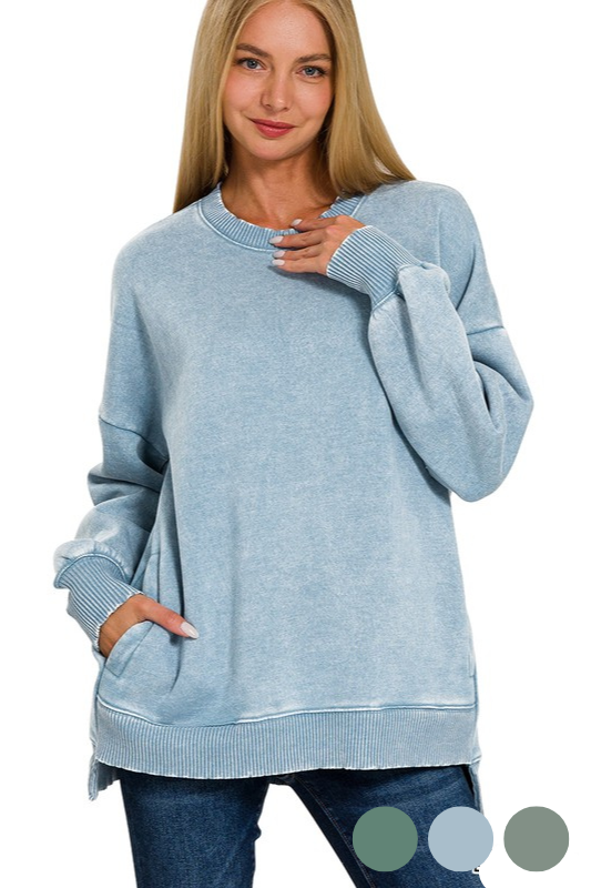 zenana blue soft mineral wash pullover