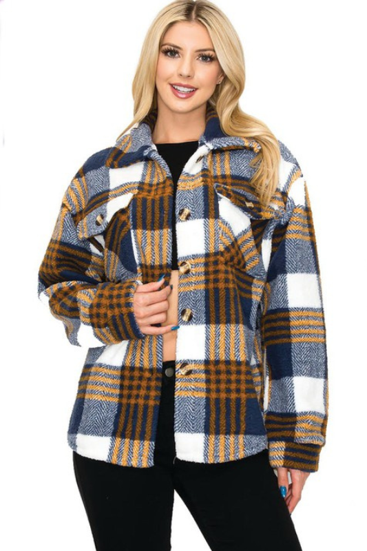 navy and cream plaid sherpa shacket