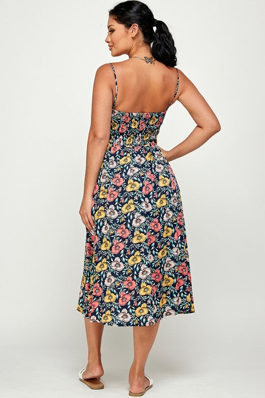 navy blue floral print midi dress