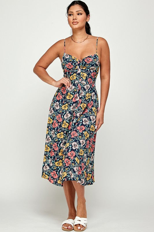 navy blue floral print midi dress