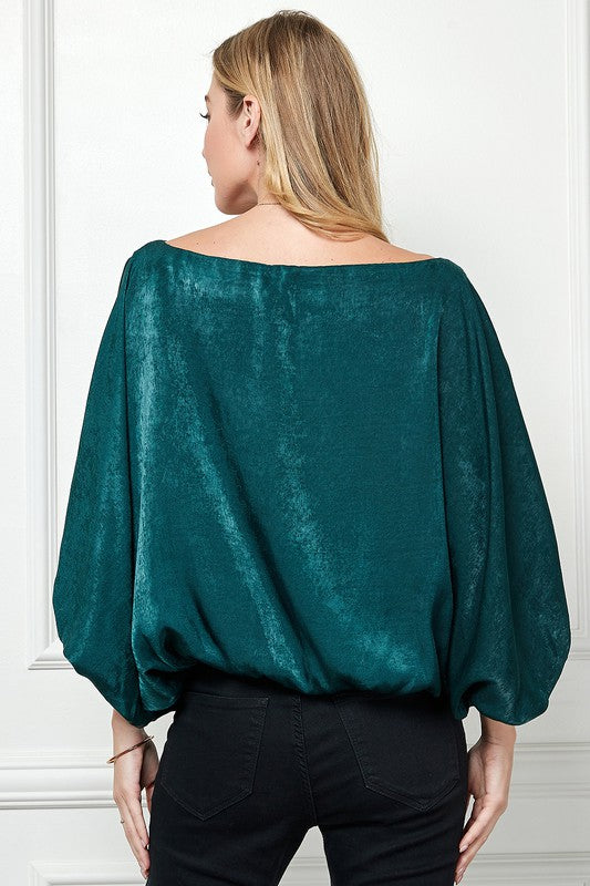 green satin boat neck top