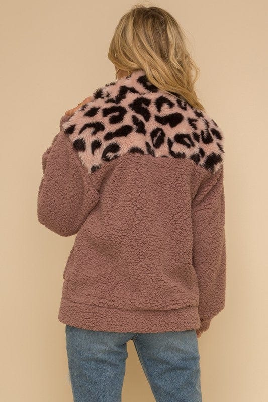 mauve leopard sherpa zipper pullover