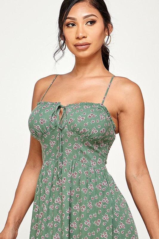 Green Floral Tie Front Dress