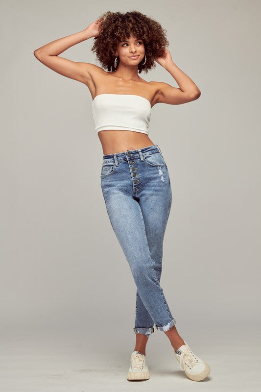medium wash high rise relaxed mom jeans