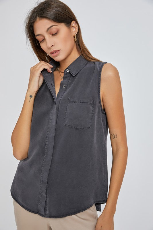 Charcoal Sleeveless Button Up Top