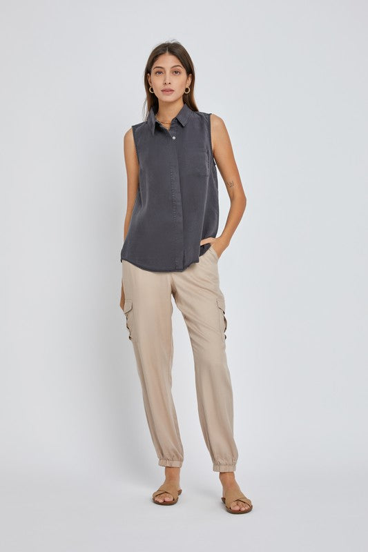 Charcoal Sleeveless Button Up Top