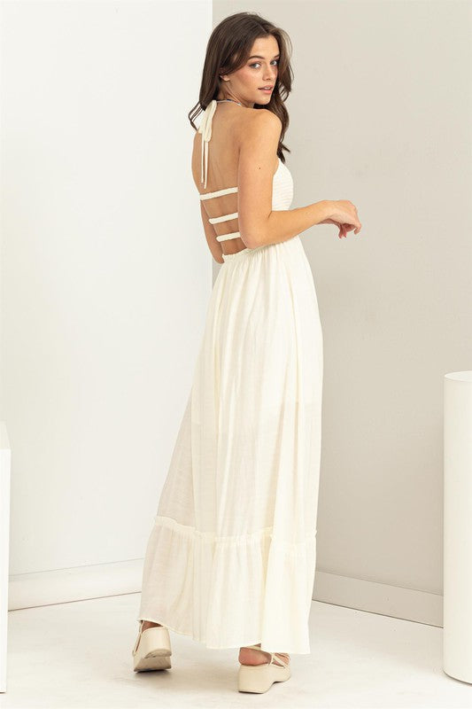 Off White Smocked Halter Maxi Dress